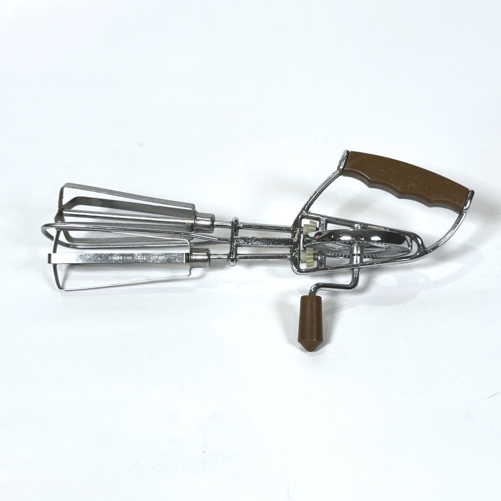 Vintage Hand Crank Egg Beater Manual Rotary Whisk Brown Handle Stainless Japan